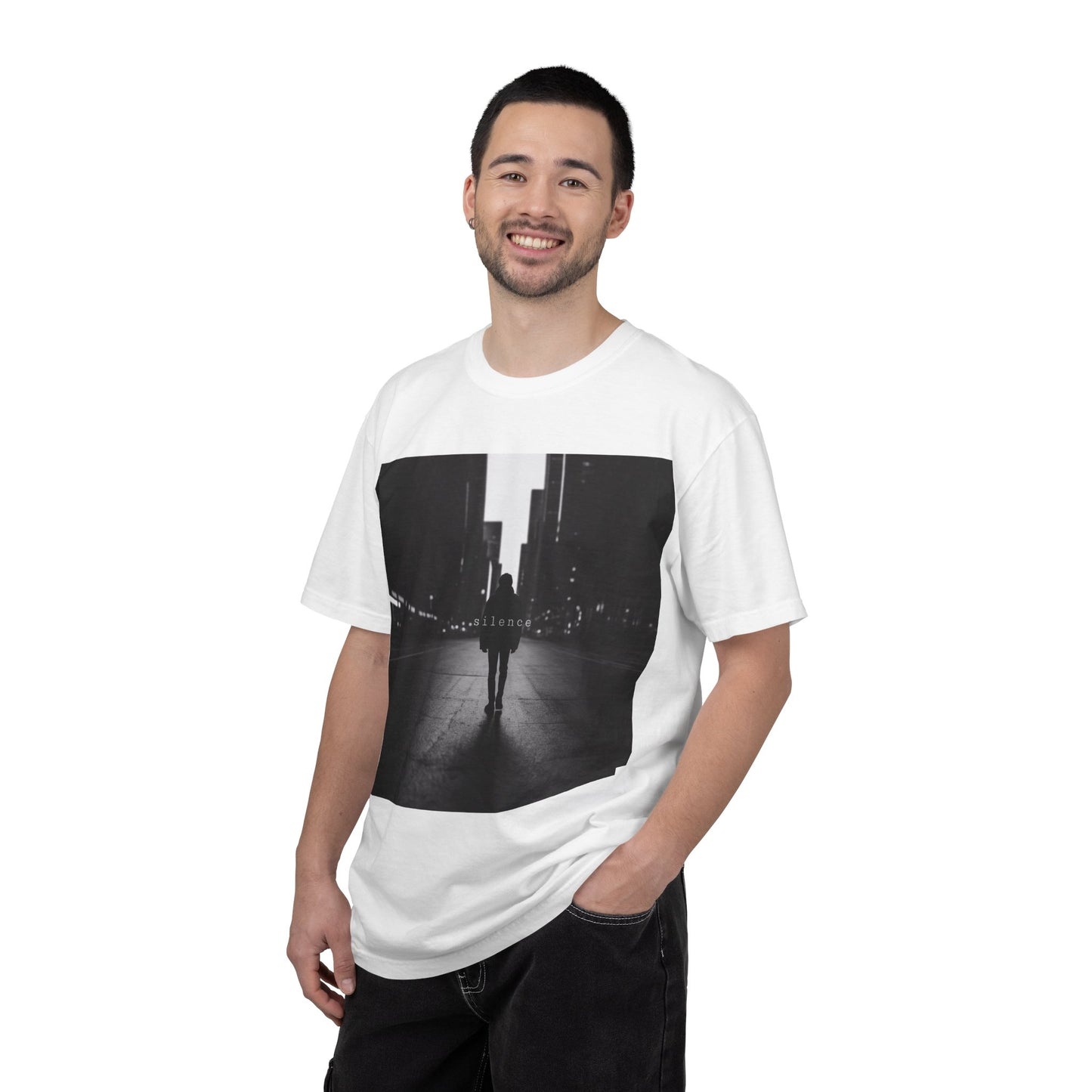 City Nightscape T‑Shirt — Solitary Figure Black & White Photo Tee
