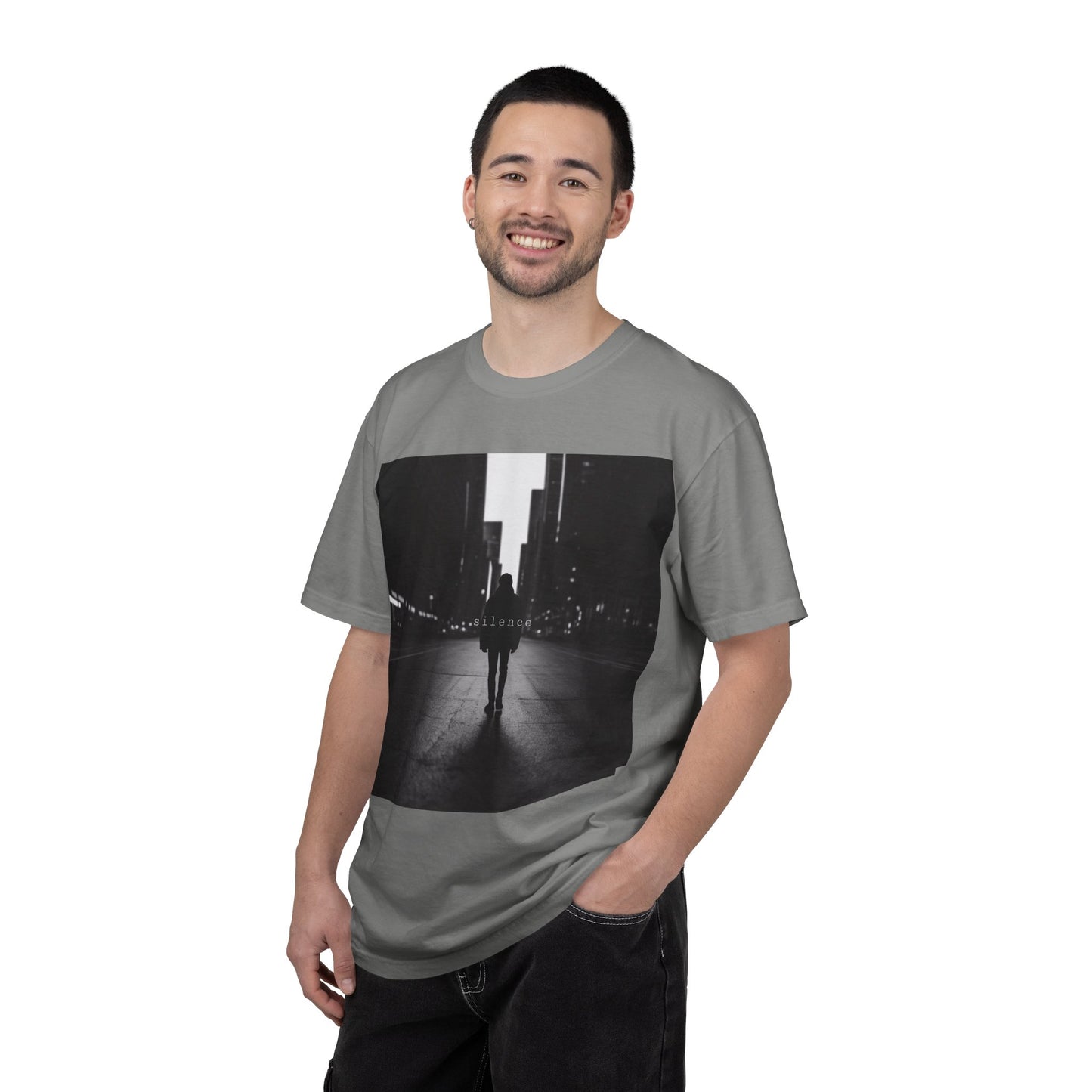 City Nightscape T‑Shirt — Solitary Figure Black & White Photo Tee